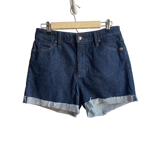 Universal Thread Size 8 Dark Blue Denim Vintage Midi Shorts Raw Hem Cuffed - Picture 2 of 7